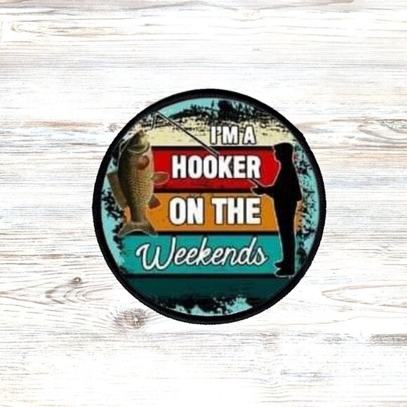 Hooker Fishing Mens Sublimation DYI Fabric Hat Patch Glue Iron On Sew Hat Patch - Picture 1 of 1